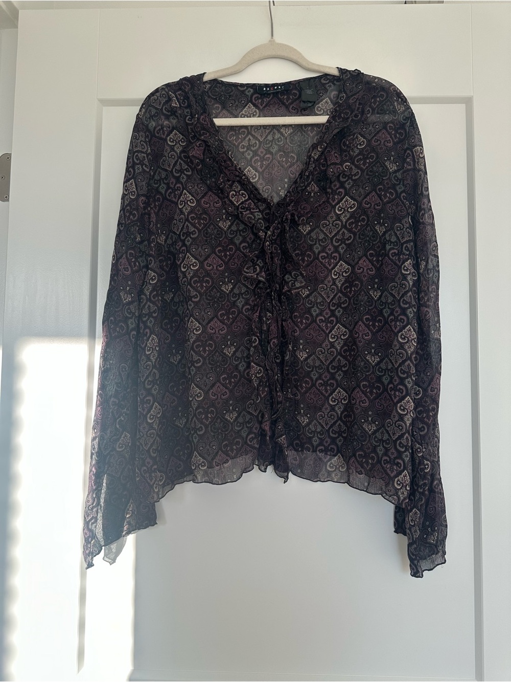 Witchy Axcess Dark Purple Sheer Tie-Front Blouse with Subtle Pattern